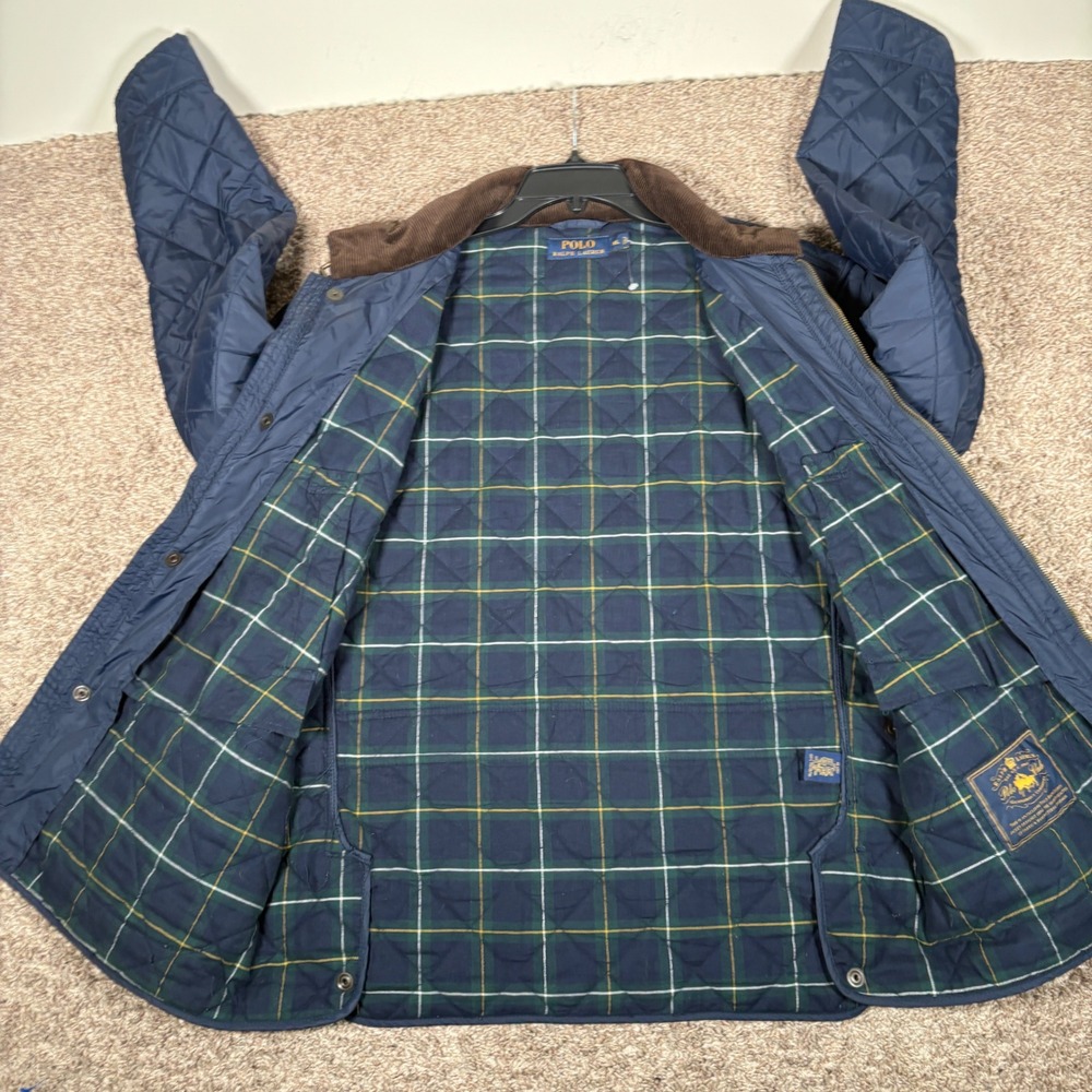 Polo Ralph Lauren Mens XL Navy Blue Quilted Field Jacket Plaid Lining - Picture 6 of 10